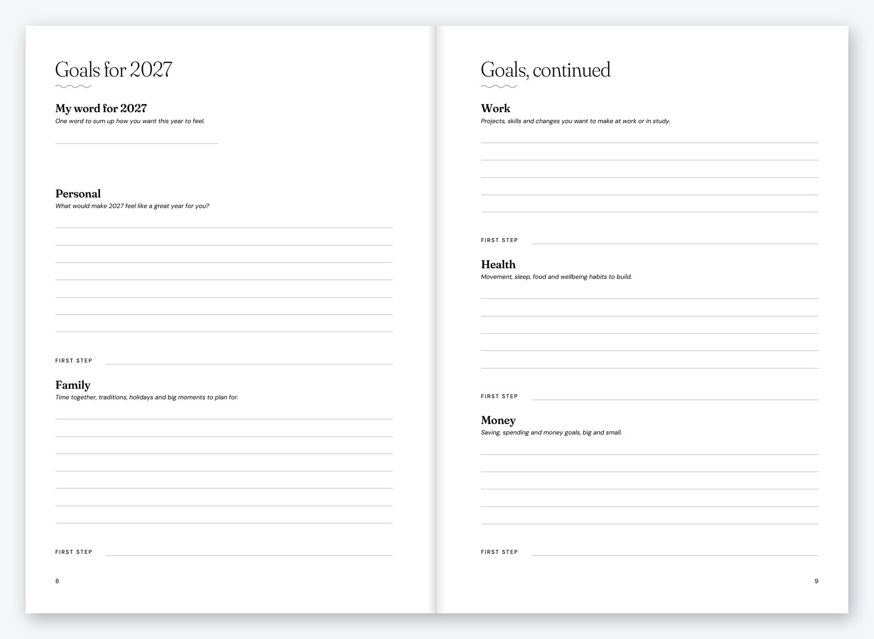 Goals for 2027 pages with prompts for personal, family, work, health and money goals