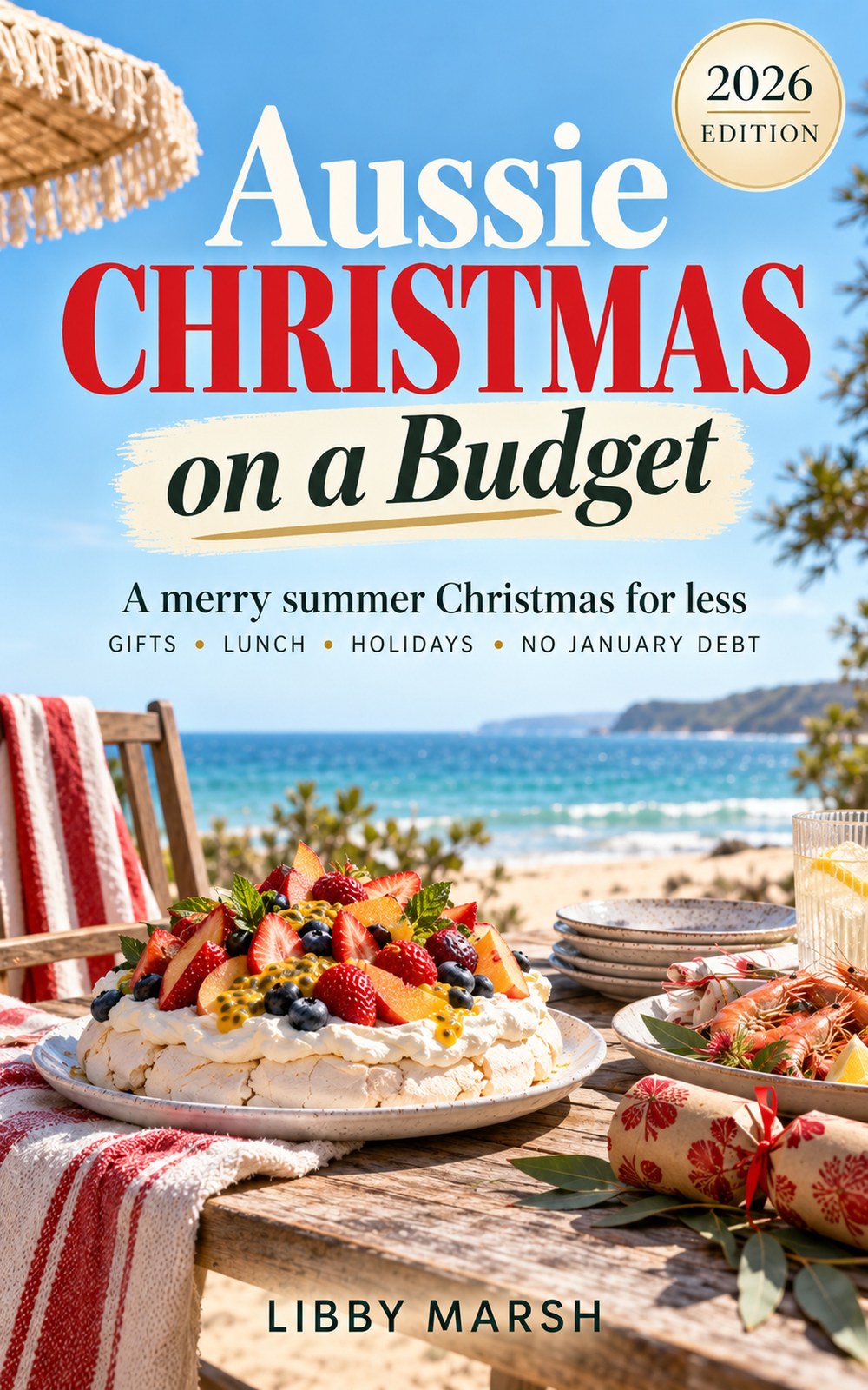 Cover of Aussie Christmas on a Budget, 2026 Edition, by Libby Marsh: a pavlova topped with summer fruit and a plate of prawns on a wooden table by the beach