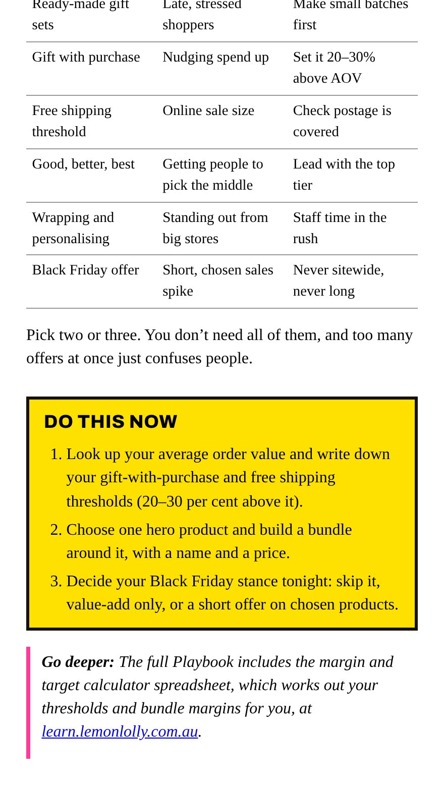 Offer comparison table and a yellow Do this now box with three actions from Chapter 3