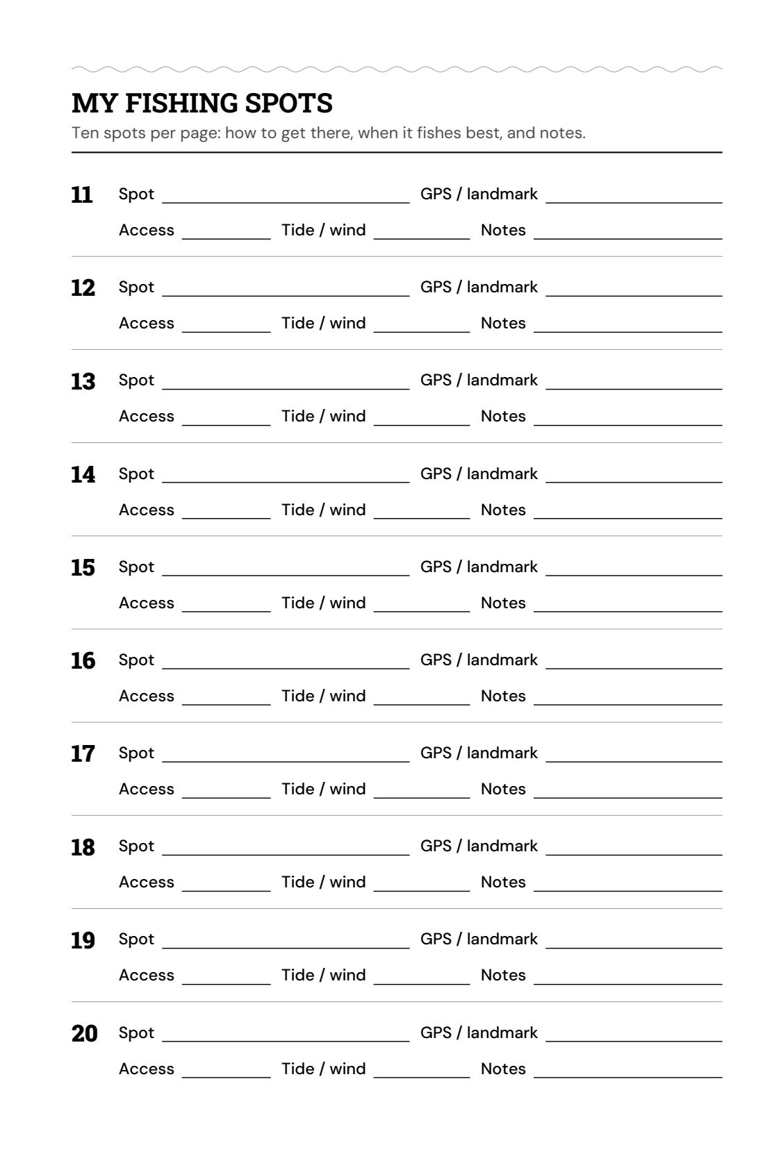 My fishing spots page with ten numbered entries for spot name, GPS or landmark, access, tide and wind, and notes